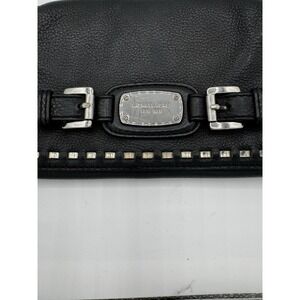 MICHAEL KORS Black Pebbled Leather Studded Chain Flap Clutch Gold Hardware PT1